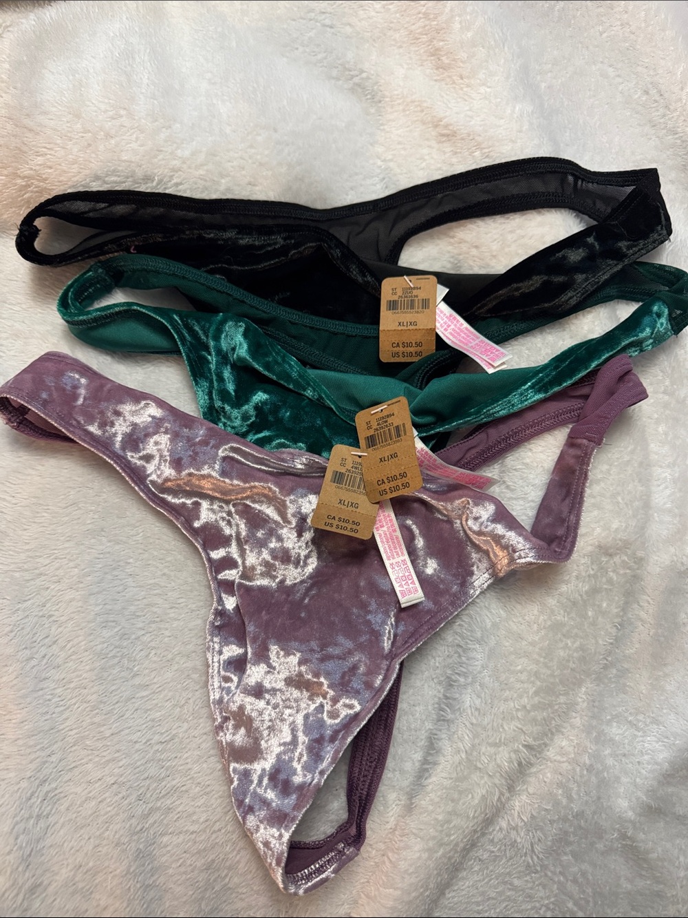 PINK Victoria's Secret Velvet Thong Trio - Black, Emerald Green, Mauve